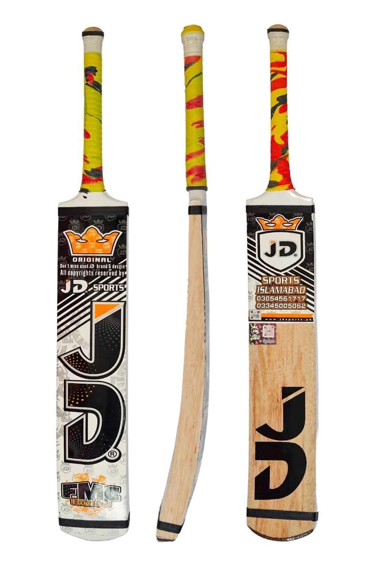 JD FMC Special Edition coconut wood cricket bat shown from the front, side and back, with a camouflage grip and full cane handle