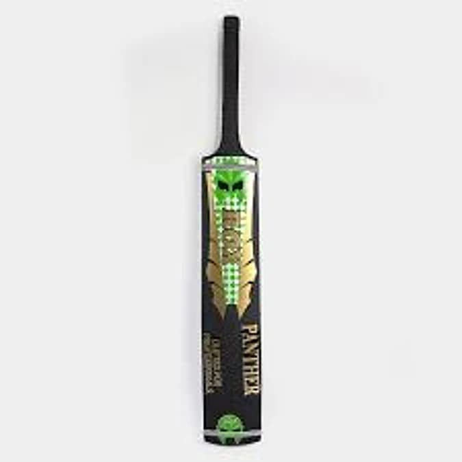 Rox Panther tennis ball cricket bat with a dark green and black stickered face and a full-length handle grip