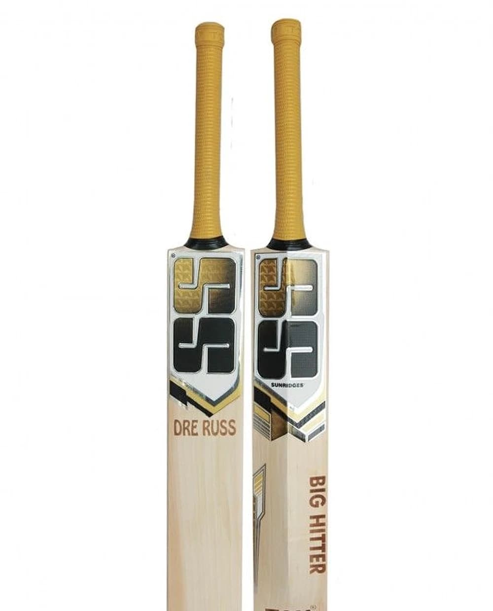 SS Kashmir willow hard ball cricket bat, front and side views, showing the SS Sunridges sticker and straight-grained willow blade